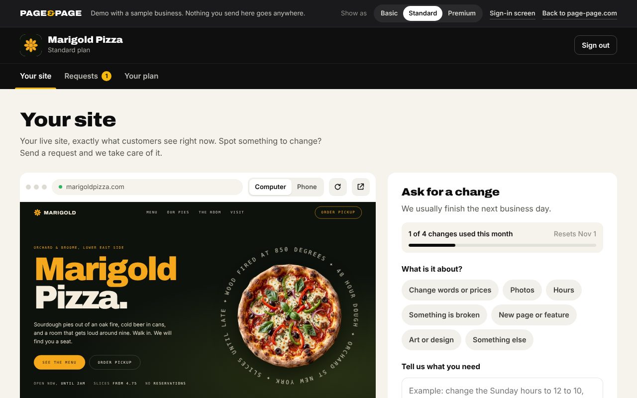 The client portal: a live window of the site beside an Ask for a change form