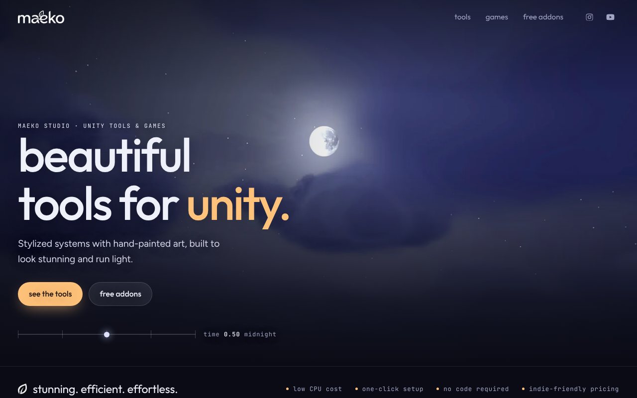 Maeko Studio website, a night sky over the headline beautiful tools for unity